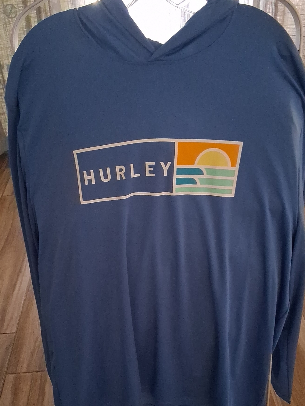 Hurley Blue Hooded Long-Sleeve Shirt with Sunset Graphic